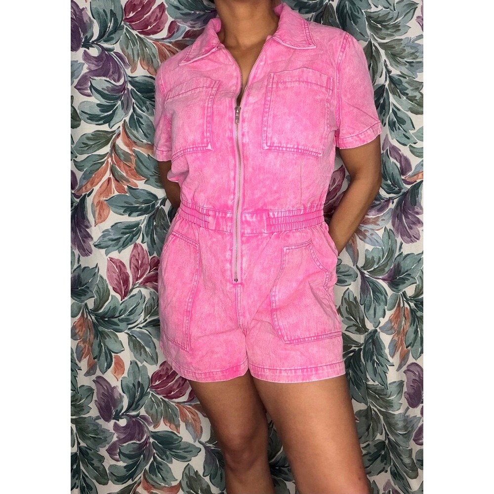 Pink Elan Denim Acid Wash Short Romper
